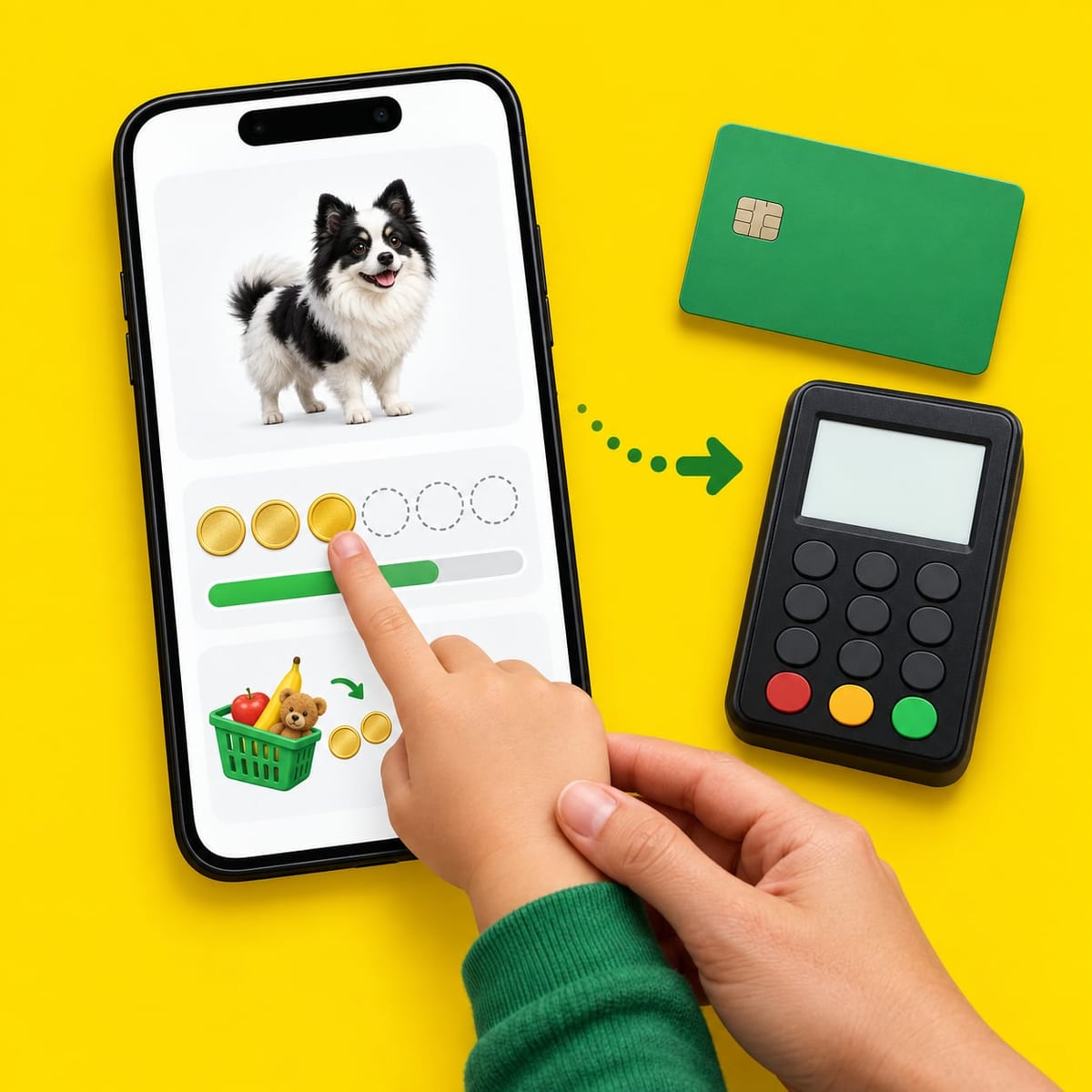 Composição conceitual com moedas em um celular, um cartão verde e uma máquina de pagamentos sobre fundo amarelo.
