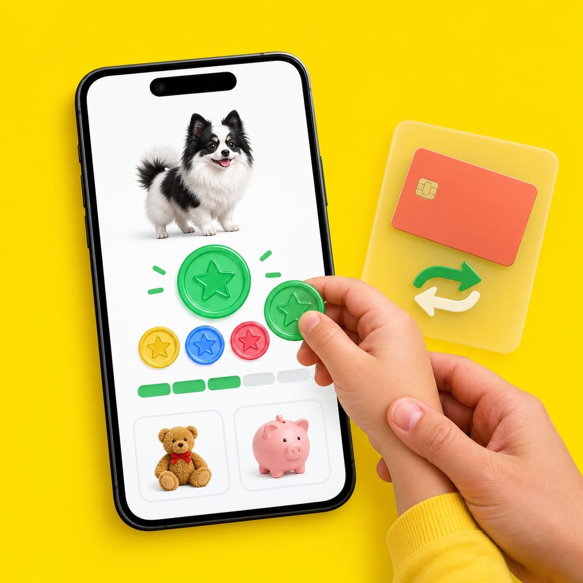 Uma criança segura uma ficha verde com apoio da mão de um adulto, diante de um celular com moedas coloridas e um cachorro.