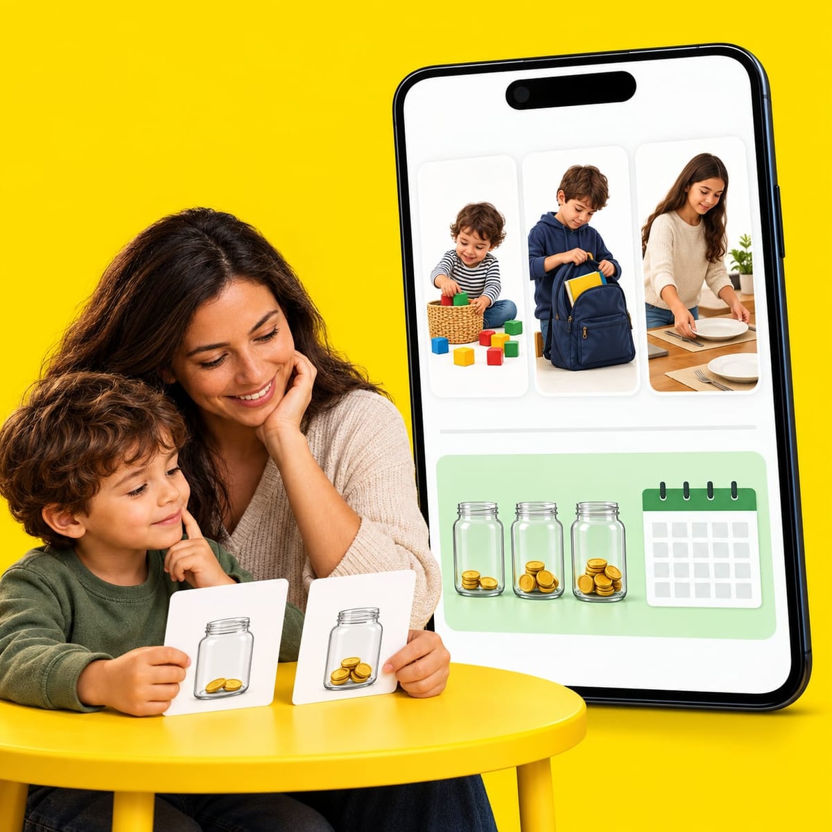 Mãe e criança com cartões de potes e uma composição de celular com rotinas e metas.
