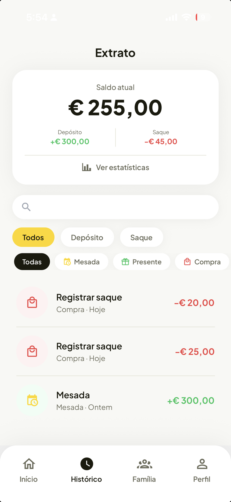 Extrato do aplicativo com histórico de entradas e usos do saldo virtual