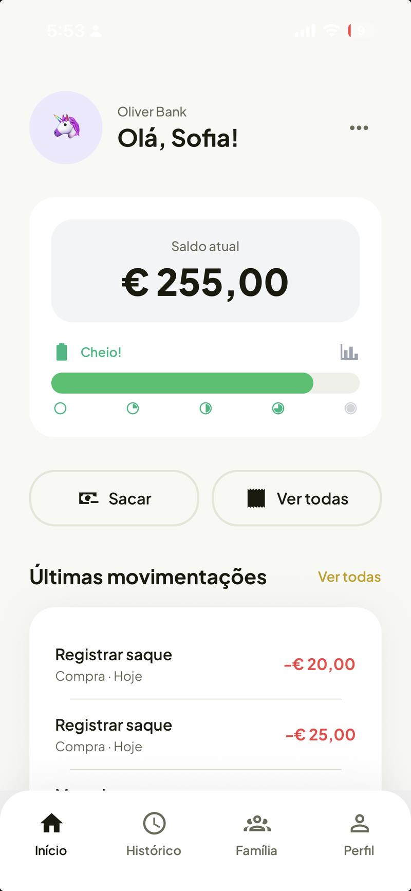 Tela de O Meu Banco mostrando o saldo e o progresso financeiro da criança